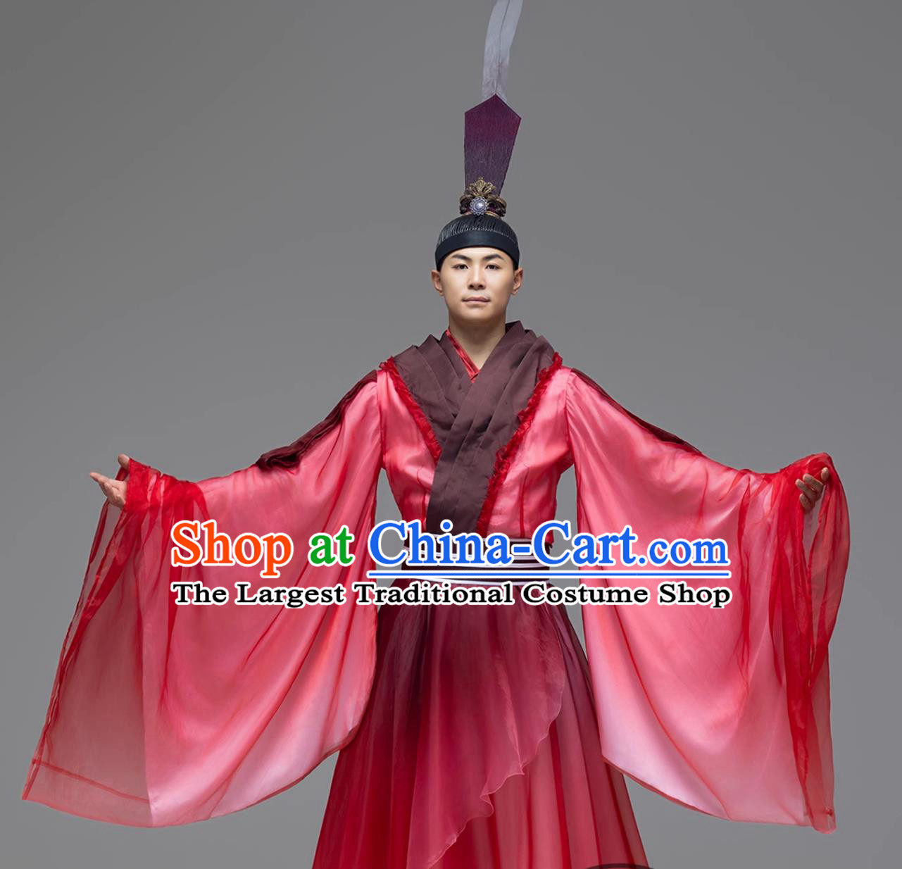 Chinese Classical Dance Ritual Guoxue Red Robes Mens Traditional Confucius Dance Performance Costume and Feather Headpiece Complete Set