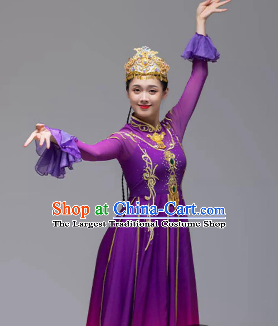Women Xinjiang Dance Costume Chinese Ethnic Uyghur Minority Performance Purple Dress