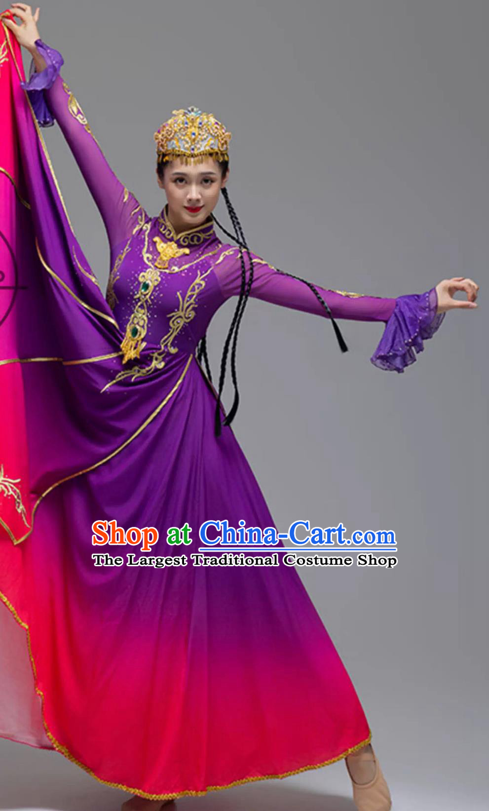 Women Xinjiang Dance Costume Chinese Ethnic Uyghur Minority Performance Purple Dress