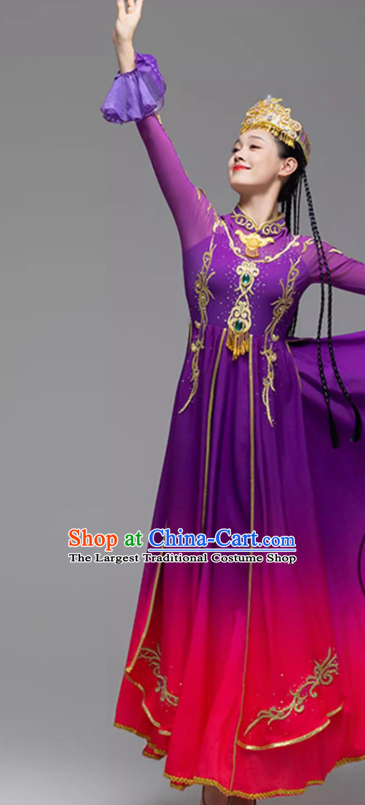 Women Xinjiang Dance Costume Chinese Ethnic Uyghur Minority Performance Purple Dress