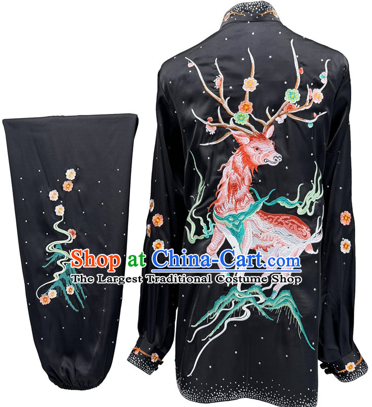 Embroidery Deer Qigong Mantis Martial Arts Performance Costume Chinese Wushu Competition Costume Traditional Tai Chi Black Suit