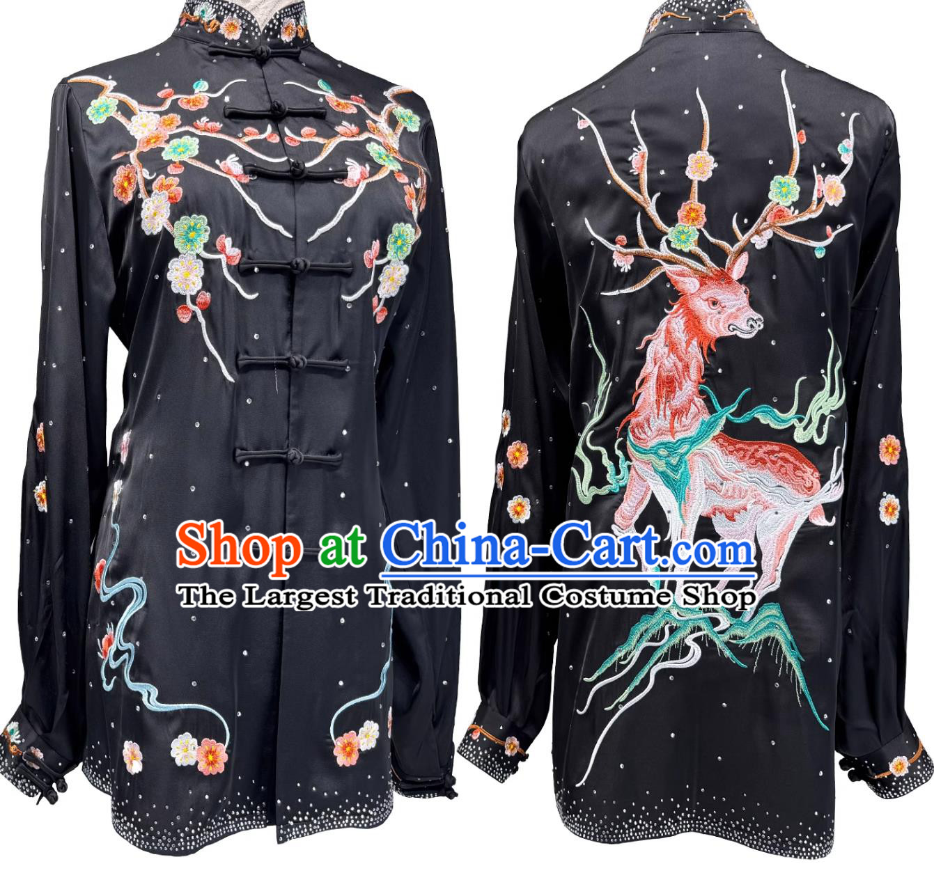 Embroidery Deer Qigong Mantis Martial Arts Performance Costume Chinese Wushu Competition Costume Traditional Tai Chi Black Suit