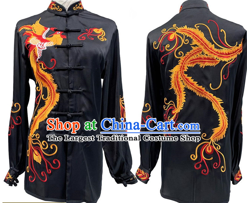 Traditional Tai Chi Black Suit Embroidery Phoenix Qigong Mantis Martial Arts Performance Costume Chinese Wushu Competition Costume