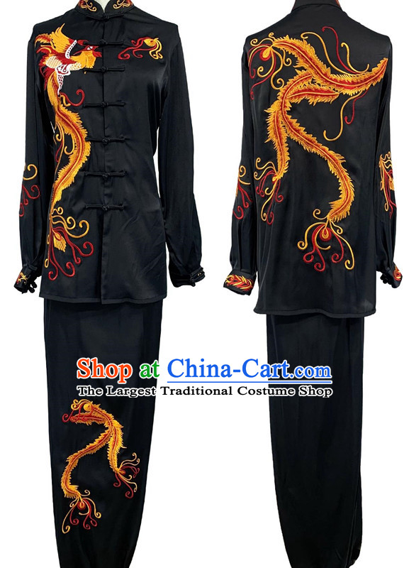 Traditional Tai Chi Black Suit Embroidery Phoenix Qigong Mantis Martial Arts Performance Costume Chinese Wushu Competition Costume