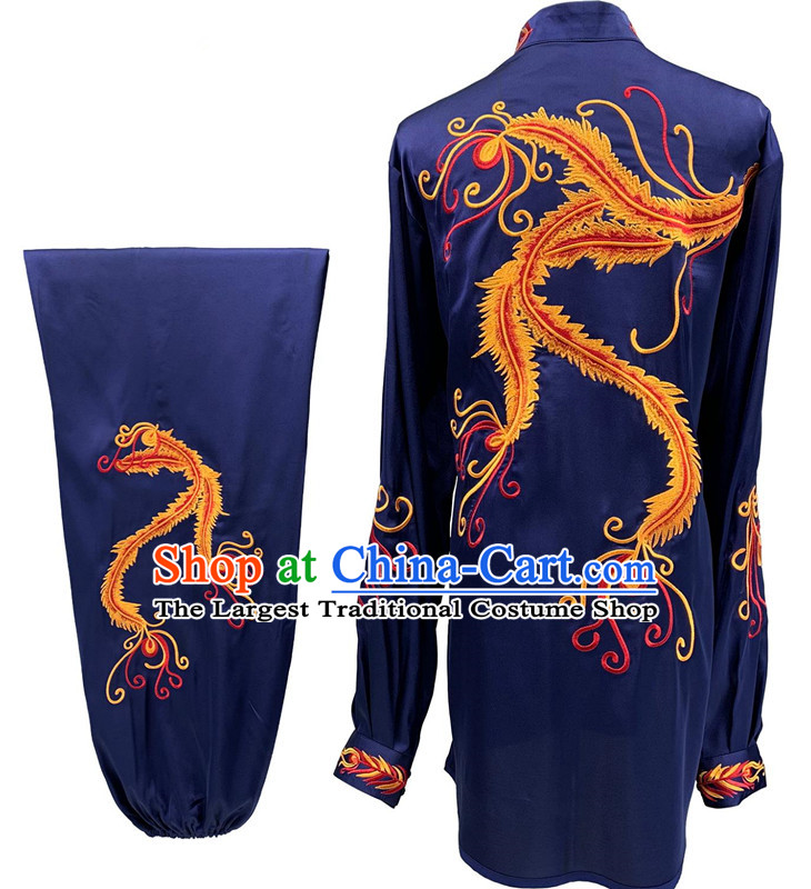 Chinese Wushu Competition Costume Traditional Tai Chi Navy Suit Embroidery Phoenix Qigong Mantis Martial Arts Performance Costume