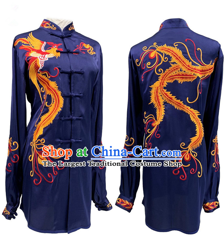 Chinese Wushu Competition Costume Traditional Tai Chi Navy Suit Embroidery Phoenix Qigong Mantis Martial Arts Performance Costume