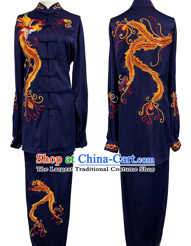 Chinese Wushu Competition Costume Traditional Tai Chi Navy Suit Embroidery Phoenix Qigong Mantis Martial Arts Performance Costume