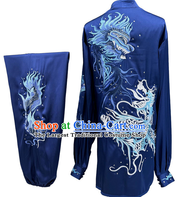 Embroidery Dragon Martial Arts Suit Chinese Tai Chi Qigong Performance Deep Blue Uniform Wushu Competition Clothing
