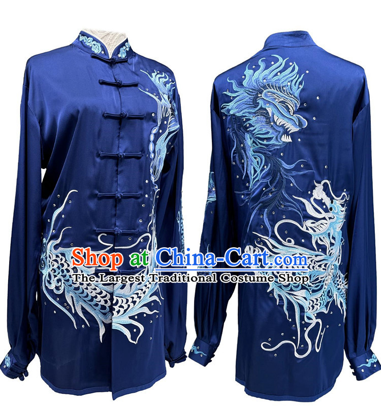 Embroidery Dragon Martial Arts Suit Chinese Tai Chi Qigong Performance Deep Blue Uniform Wushu Competition Clothing