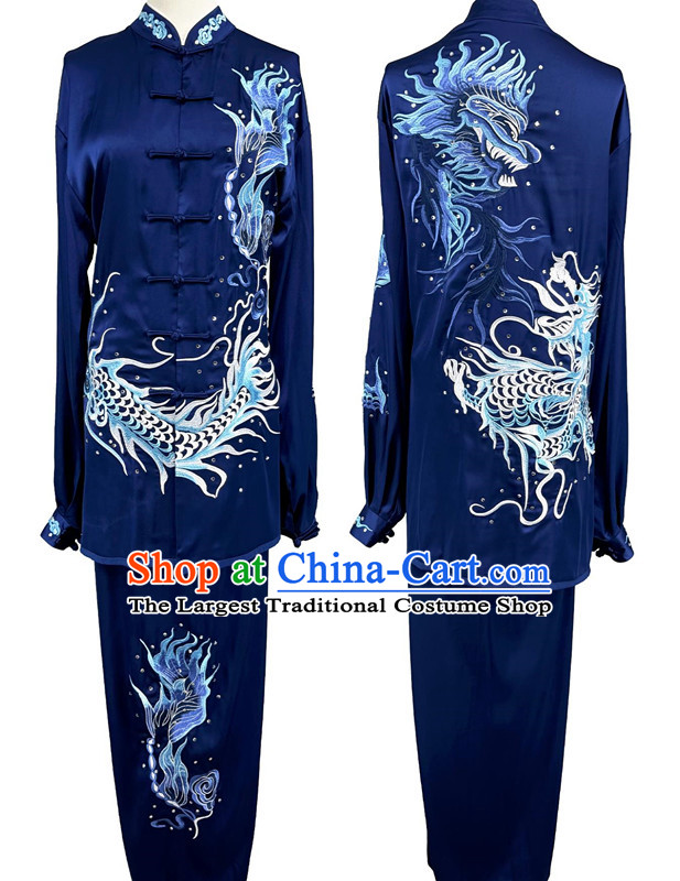 Embroidery Dragon Martial Arts Suit Chinese Tai Chi Qigong Performance Deep Blue Uniform Wushu Competition Clothing