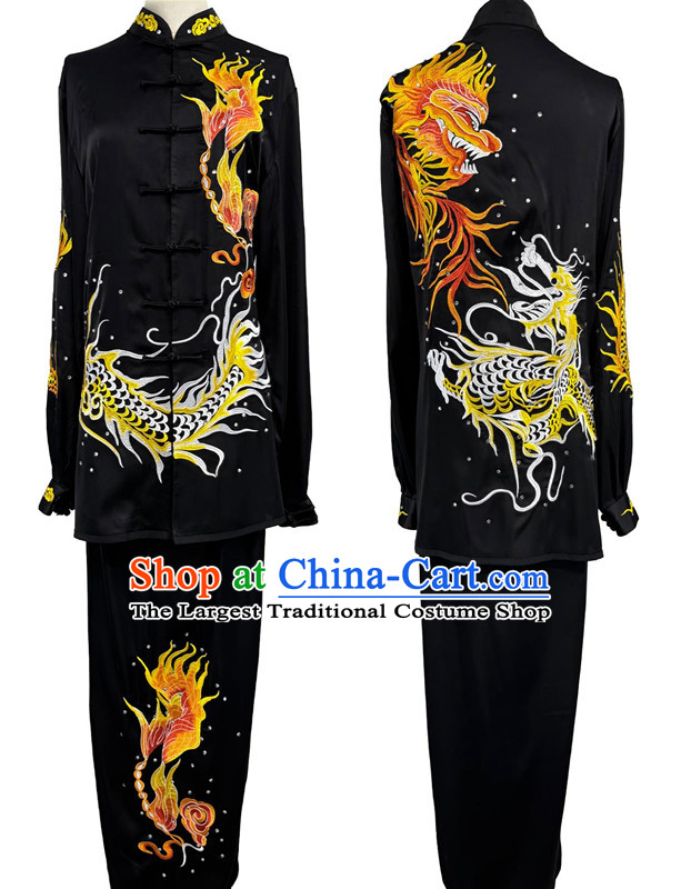 Wushu Competition Clothing Embroidery Dragon Martial Arts Suit Chinese Tai Chi Qigong Performance Deep Black Uniform