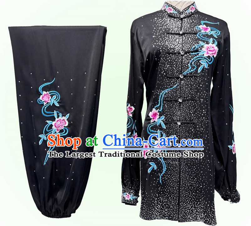 Embroidery Wushu Competition Costume Chinese Kung Fu Performance Clothing Starry Sky Black Tai Chi Suit