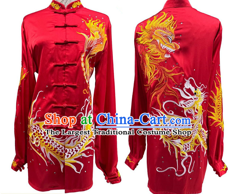 Embroidery Dragon Martial Arts Red Suit Chinese Tai Chi Qigong Performance Uniform Wushu Competition Clothing