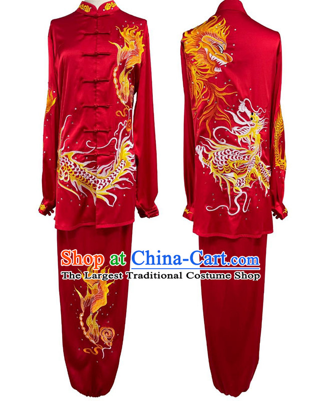 Embroidery Dragon Martial Arts Red Suit Chinese Tai Chi Qigong Performance Uniform Wushu Competition Clothing