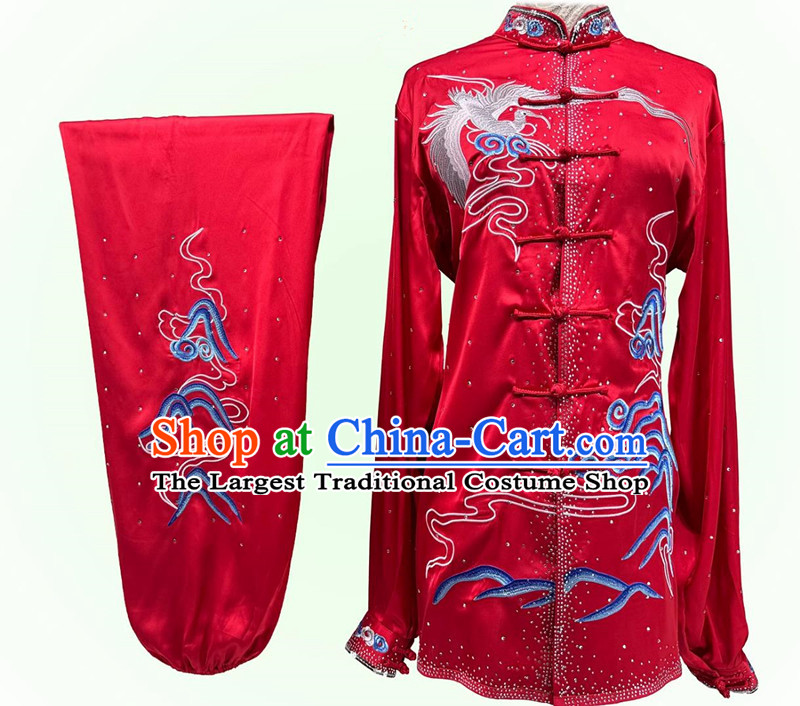 Chinese Martial Arts Performance Clothing Embroidery Crane Starry Sky Diamonds Tai Chi Suit Wushu Competition Red Uniform