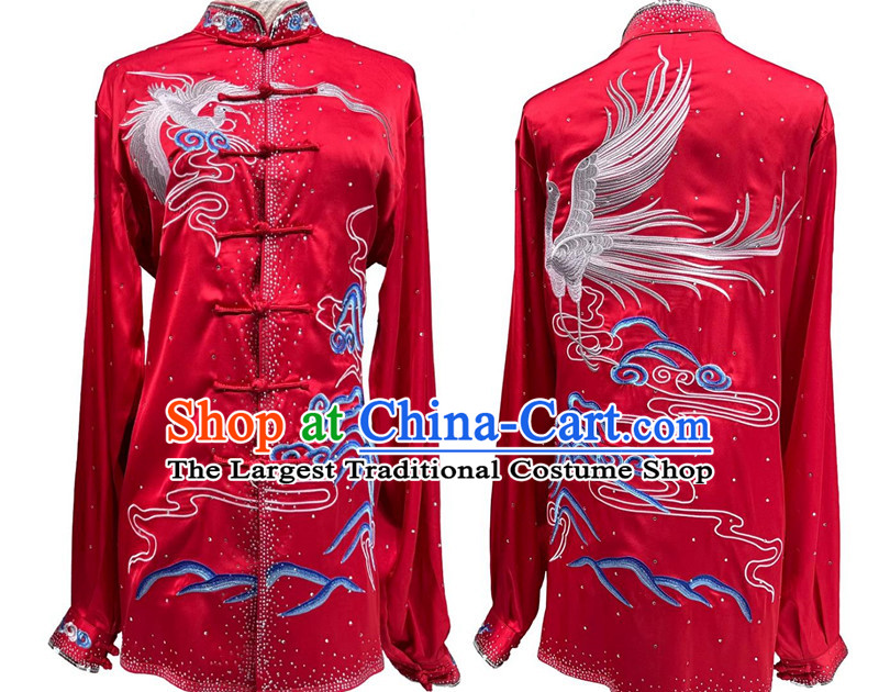 Chinese Martial Arts Performance Clothing Embroidery Crane Starry Sky Diamonds Tai Chi Suit Wushu Competition Red Uniform