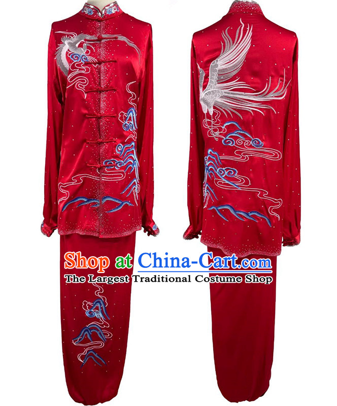 Chinese Martial Arts Performance Clothing Embroidery Crane Starry Sky Diamonds Tai Chi Suit Wushu Competition Red Uniform