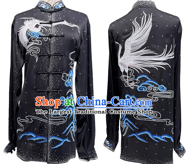 Wushu Competition Black Uniform Chinese Martial Arts Performance Clothing Embroidery Crane Starry Sky Diamonds Tai Chi Suit