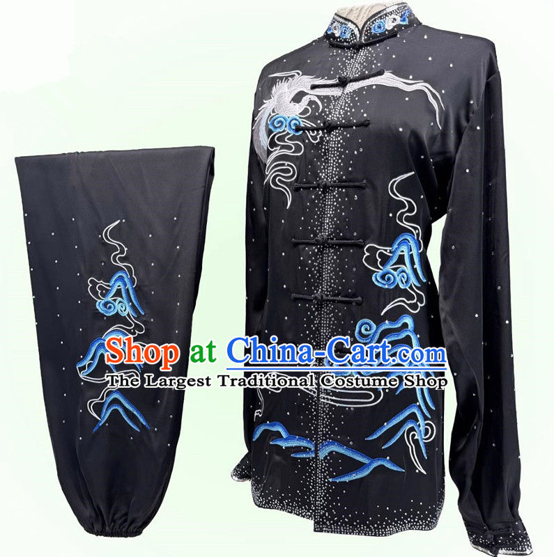 Wushu Competition Black Uniform Chinese Martial Arts Performance Clothing Embroidery Crane Starry Sky Diamonds Tai Chi Suit