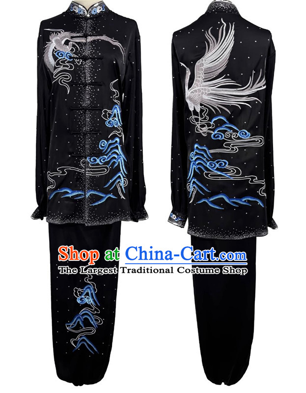 Wushu Competition Black Uniform Chinese Martial Arts Performance Clothing Embroidery Crane Starry Sky Diamonds Tai Chi Suit