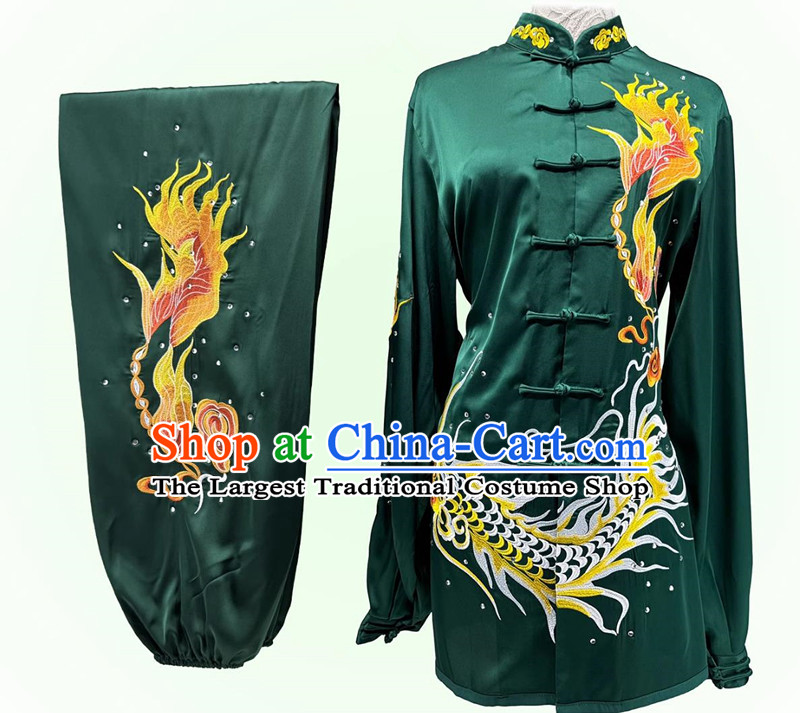 Top Wushu Competition Clothing Embroidery Dragon Martial Arts Green Suit Chinese Tai Chi Qigong Performance Uniform