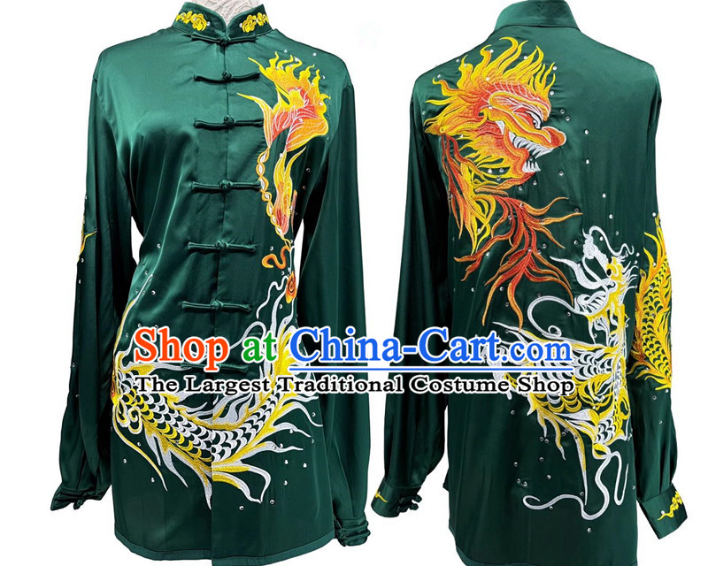 Top Wushu Competition Clothing Embroidery Dragon Martial Arts Green Suit Chinese Tai Chi Qigong Performance Uniform