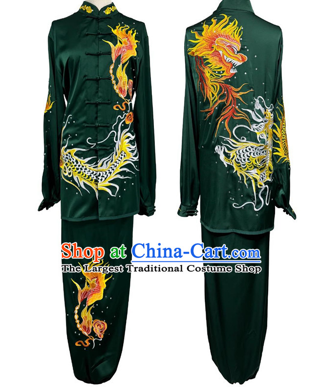 Top Wushu Competition Clothing Embroidery Dragon Martial Arts Green Suit Chinese Tai Chi Qigong Performance Uniform