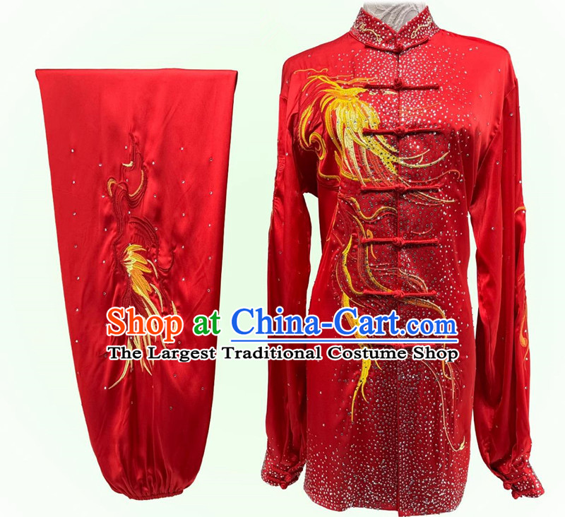 Chinese Martial Arts Performance Clothing Embroidery Phoenix Starry Sky Diamonds Tai Chi Suit Wushu Competition Red Uniform