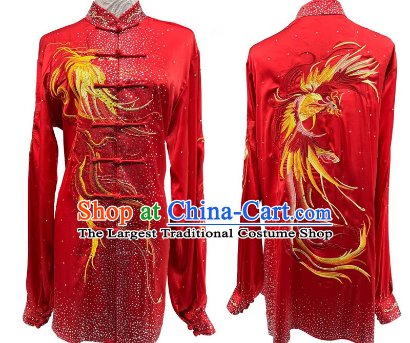 Chinese Martial Arts Performance Clothing Embroidery Phoenix Starry Sky Diamonds Tai Chi Suit Wushu Competition Red Uniform