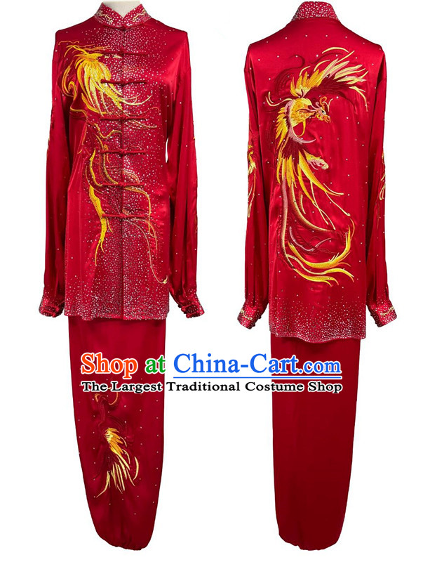 Chinese Martial Arts Performance Clothing Embroidery Phoenix Starry Sky Diamonds Tai Chi Suit Wushu Competition Red Uniform