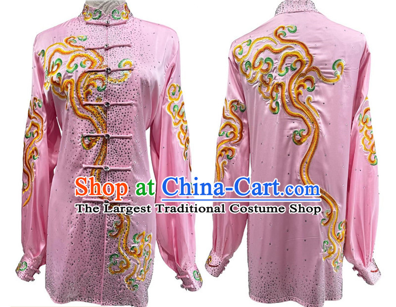 Top Wushu Competition Pink Uniform Chinese Martial Arts Performance Clothing Embroidery Waves Starry Sky Diamonds Tai Chi Suit