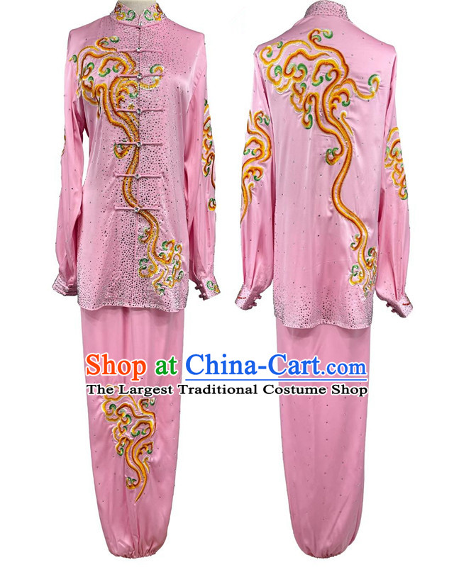 Top Wushu Competition Pink Uniform Chinese Martial Arts Performance Clothing Embroidery Waves Starry Sky Diamonds Tai Chi Suit