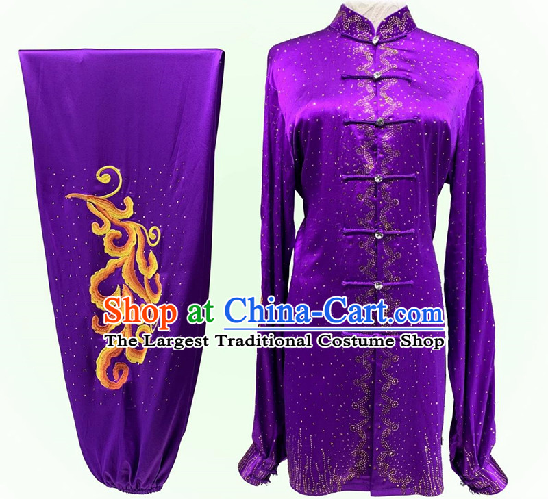 Bright Diamond Shining Purple Tai Chi Suit Top Wushu Competition Costume Chinese Kung Fu Performance Clothing
