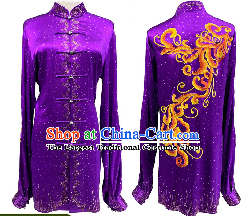 Bright Diamond Shining Purple Tai Chi Suit Top Wushu Competition Costume Chinese Kung Fu Performance Clothing