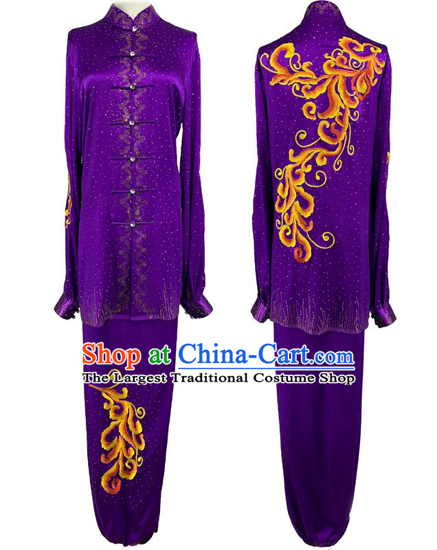 Bright Diamond Shining Purple Tai Chi Suit Top Wushu Competition Costume Chinese Kung Fu Performance Clothing