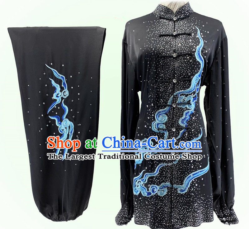Chinese Kung Fu Performance Embroidery Clouds Clothing Bright Diamond Shining Black Tai Chi Suit Top Wushu Competition Costume