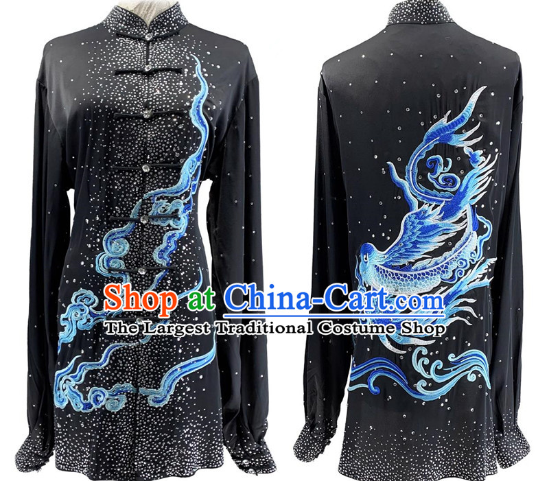 Chinese Kung Fu Performance Embroidery Clouds Clothing Bright Diamond Shining Black Tai Chi Suit Top Wushu Competition Costume