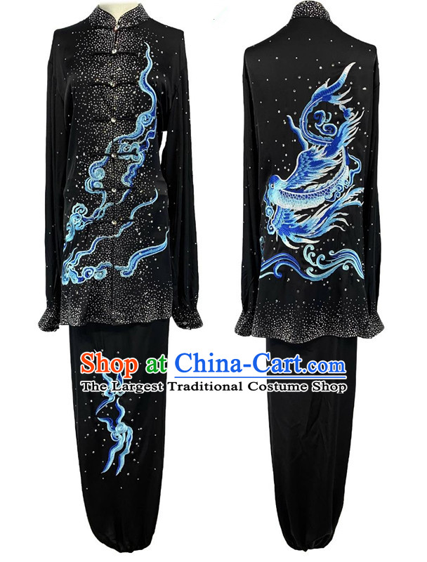 Chinese Kung Fu Performance Embroidery Clouds Clothing Bright Diamond Shining Black Tai Chi Suit Top Wushu Competition Costume