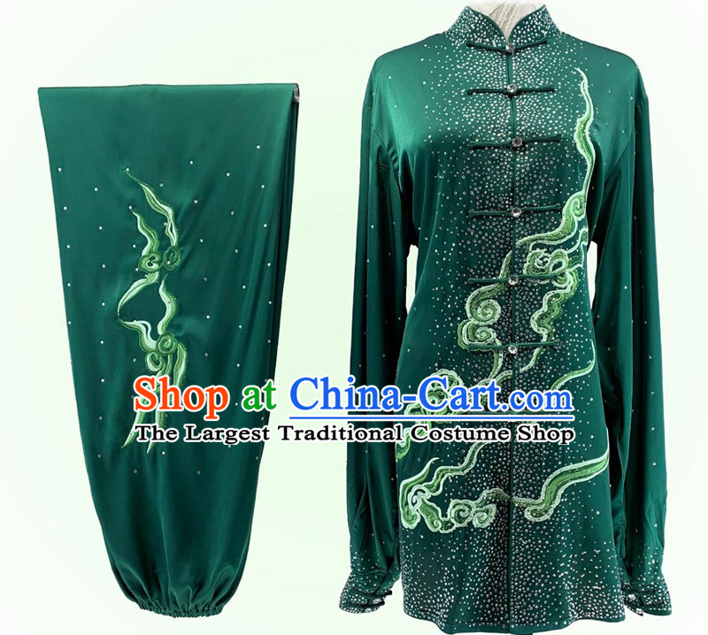 Top Wushu Competition Costume Chinese Kung Fu Performance Embroidery Clouds Clothing Bright Diamond Shining Green Tai Chi Suit