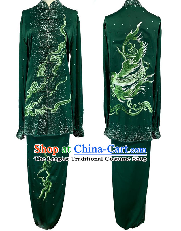 Top Wushu Competition Costume Chinese Kung Fu Performance Embroidery Clouds Clothing Bright Diamond Shining Green Tai Chi Suit
