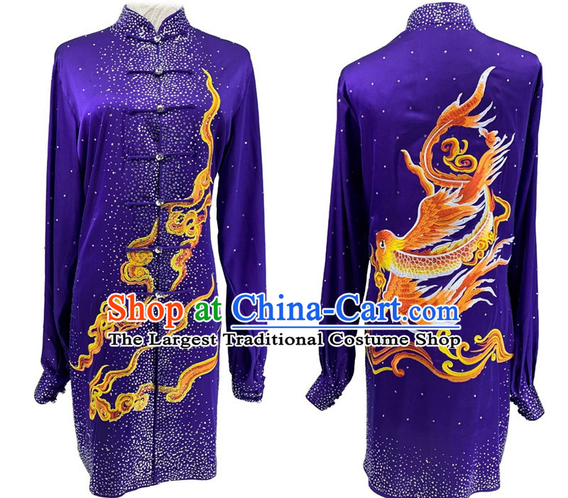 Bright Diamond Shining Purple Tai Chi Suit Top Wushu Competition Costume Chinese Kung Fu Performance Embroidery Clouds Clothing