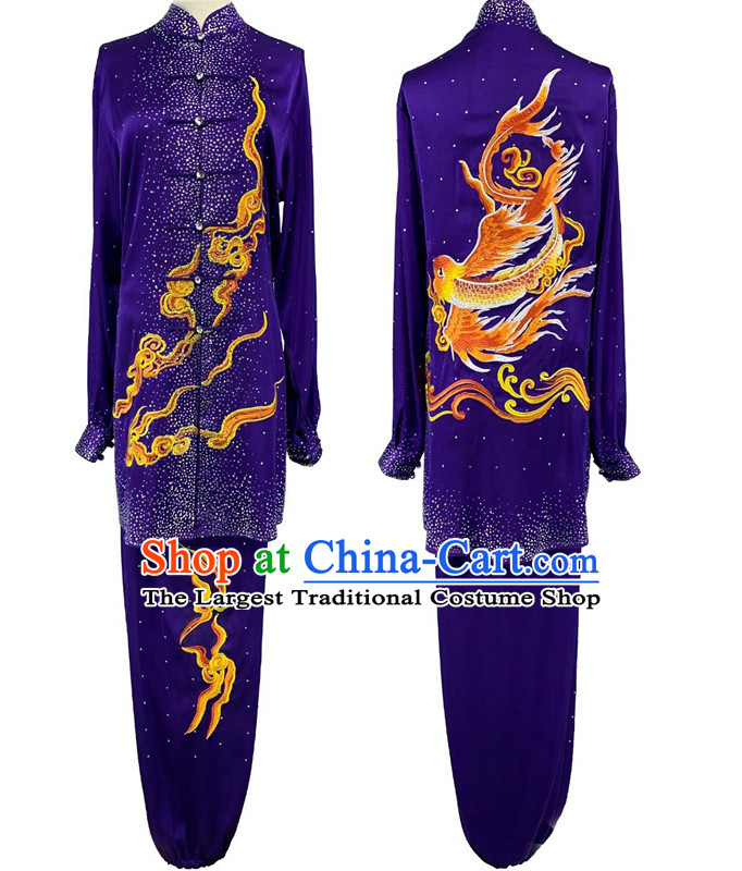 Bright Diamond Shining Purple Tai Chi Suit Top Wushu Competition Costume Chinese Kung Fu Performance Embroidery Clouds Clothing