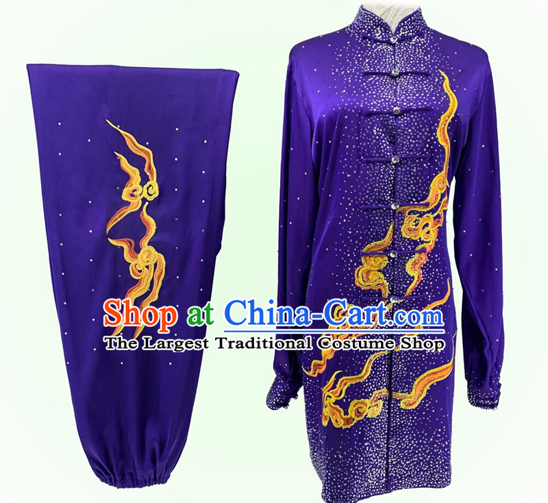 Bright Diamond Shining Purple Tai Chi Suit Top Wushu Competition Costume Chinese Kung Fu Performance Embroidery Clouds Clothing