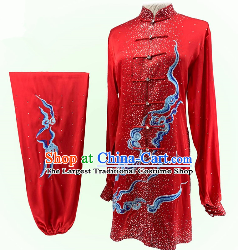 Chinese Kung Fu Performance Embroidery Clothing Bright Diamond Shining Red Tai Chi Suit Top Wushu Competition Costume