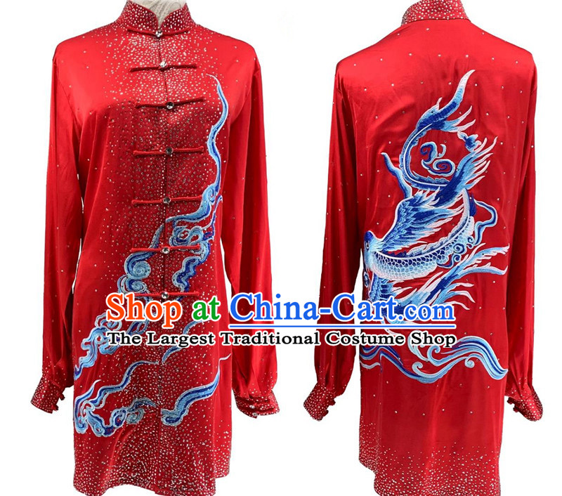 Chinese Kung Fu Performance Embroidery Clothing Bright Diamond Shining Red Tai Chi Suit Top Wushu Competition Costume