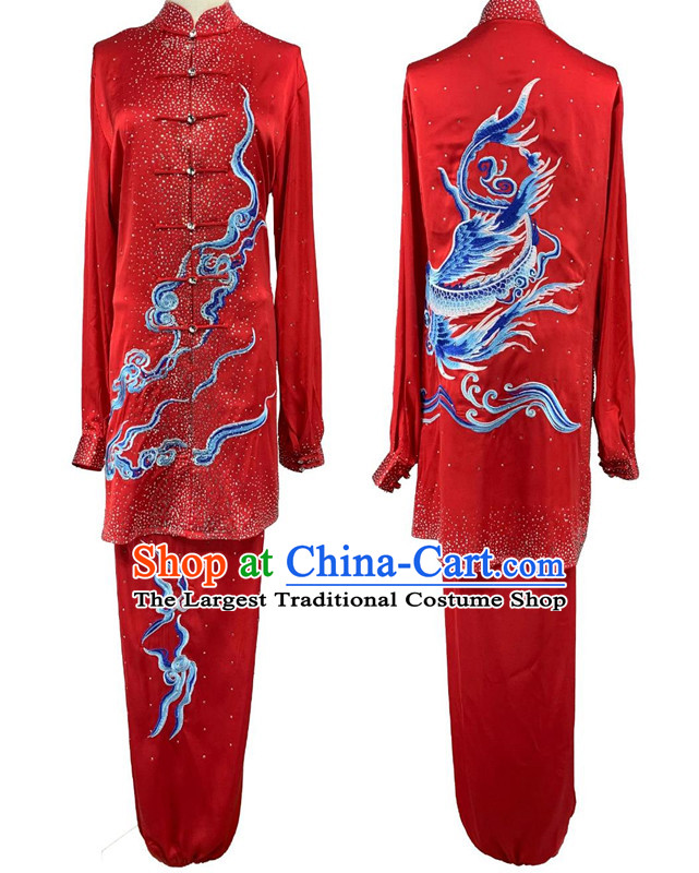 Chinese Kung Fu Performance Embroidery Clothing Bright Diamond Shining Red Tai Chi Suit Top Wushu Competition Costume