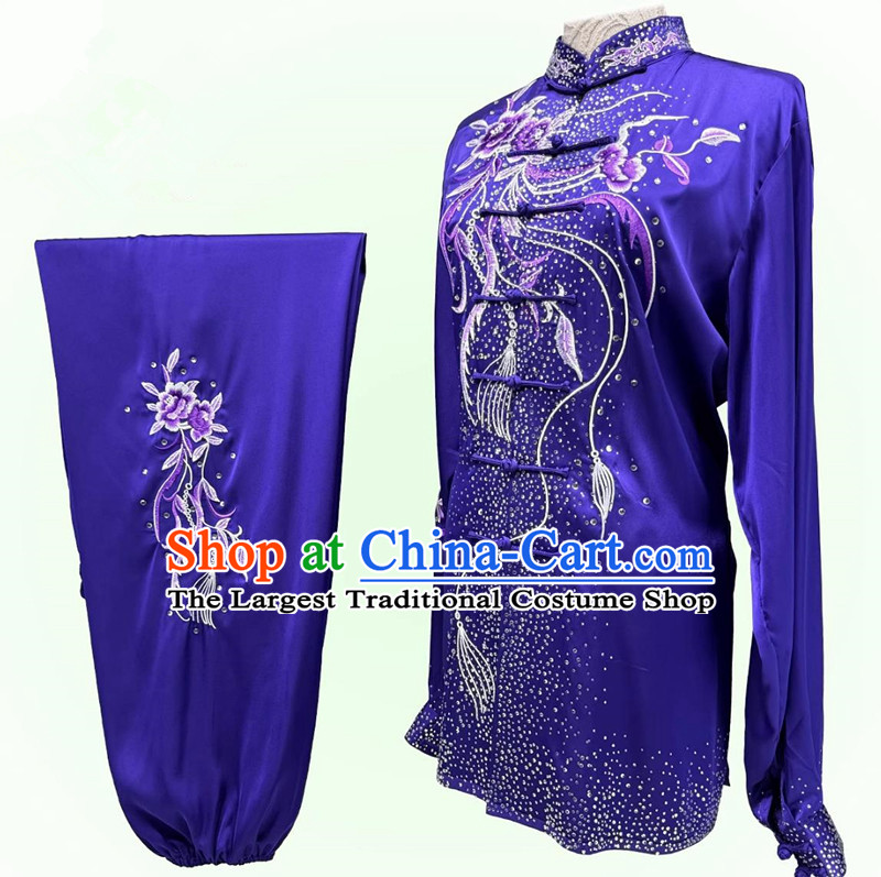 Chinese Kung Fu Performance Clothing Starry Diamond Purple Tai Chi Suit Group Wushu Competition Costume