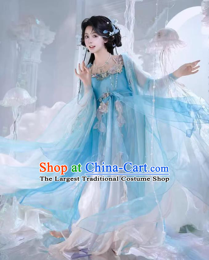 Chinese Hanfu Tang Dynasty Blue Hezi Dress Traditional Chinese Costume Ancient Fairy Clothing