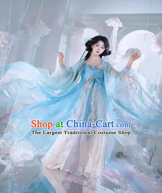 Chinese Hanfu Tang Dynasty Blue Hezi Dress Traditional Chinese Costume Ancient Fairy Clothing