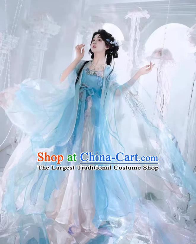 Chinese Hanfu Tang Dynasty Blue Hezi Dress Traditional Chinese Costume Ancient Fairy Clothing